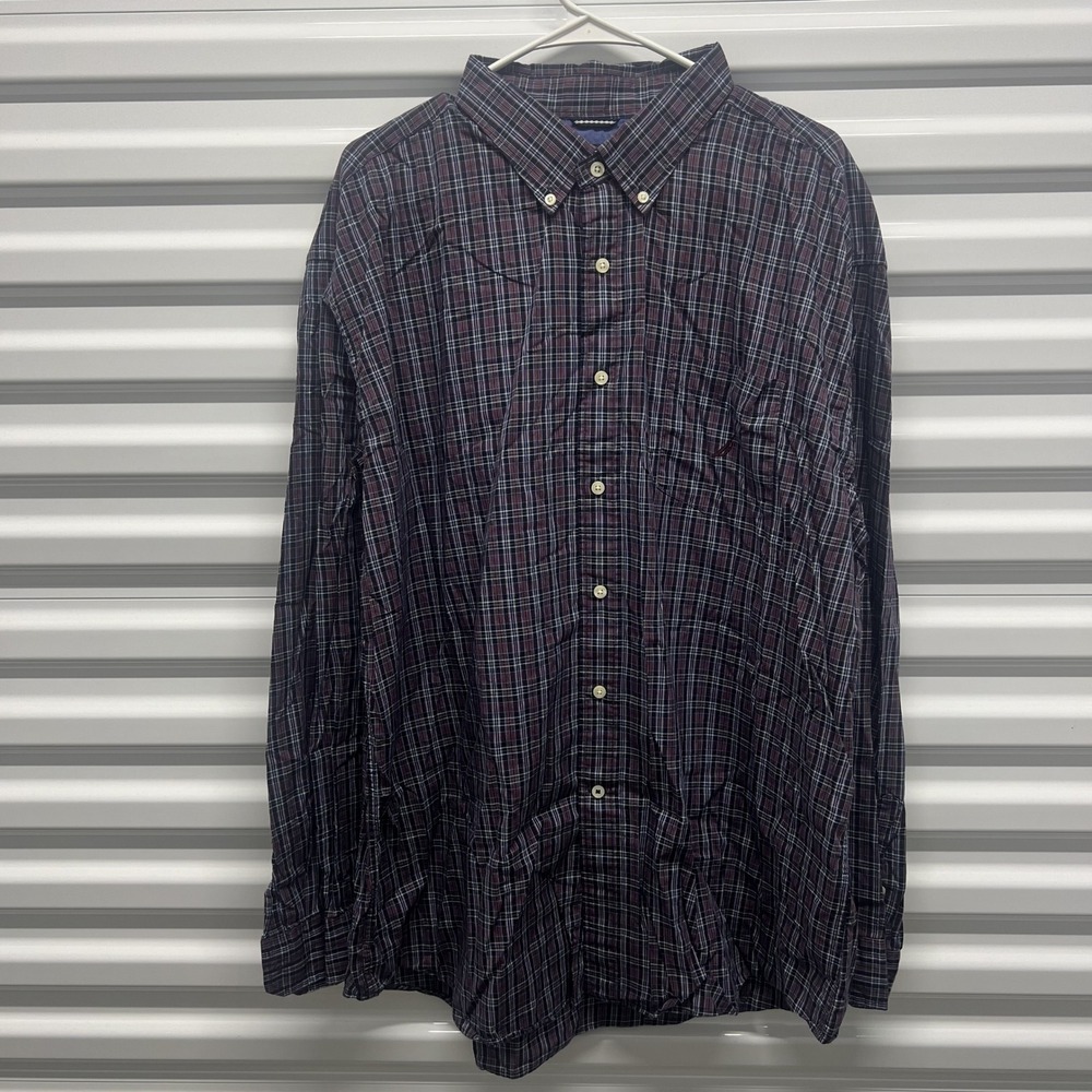 Nautica Plaid Button Down Shirt XXL Mens Burgundy Navy Blue Long Sleeve Cotton — photo 3
